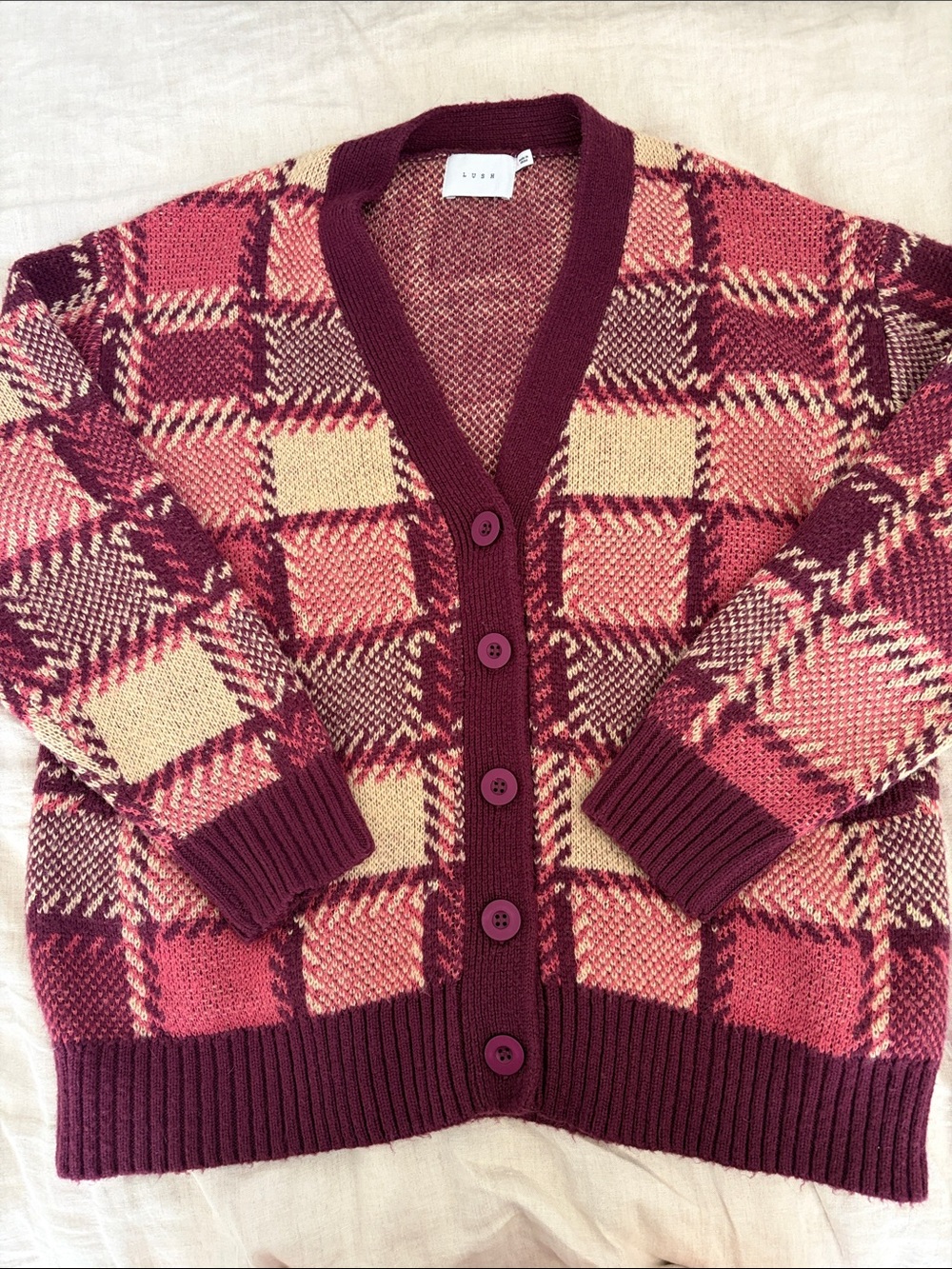 Lush Burgundy, Pink & Cream Plaid V-Neck Cardigan